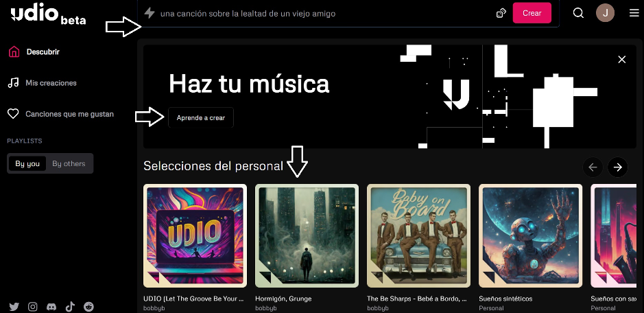 interfaz de Udio para generar música